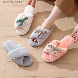 Slippers Creative ocean wind exterior decoration cross fluffy slips high end home plush flat open toe warm cotton drag female Z230805