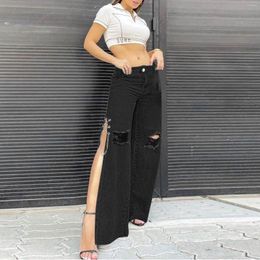 Women's Jeans Women High Slit Pants Ripped Personality Chain Decro Fashion Straight Waist Zipper Plus Size Female Y2K Trousers