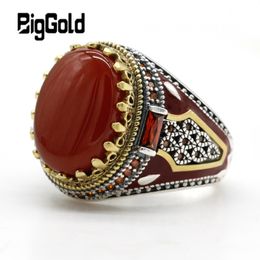 Wedding Rings Crown Turkish Jewelry 925 Men s Sterling Silver Ring Inlaid With Red Agate Stone Vintage CZ Enamel Ladies And Gifts 230804