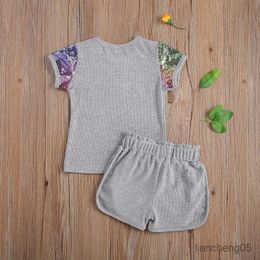 Clothing Sets Baby Summer Clothing Kid Sequin Ribbed Outfits Set Round Neck Short Sleeve Top Elastic Head Sequin Shorts Autumn Colorful R230805
