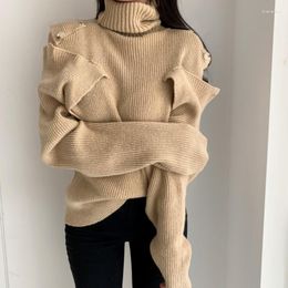 Women's Sweaters Women Korean Autumn Winter Loose Knitting Top Button Spliced Off Shoulder Turtleneck Sweater Solid Elegant Pullover Female
