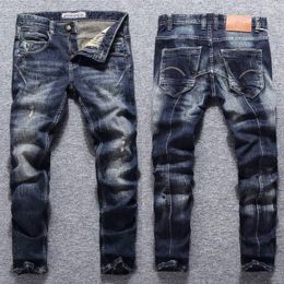Men's Jeans Streetwear Fashion Men Retro Black Blue Slim Fit Stretch Hole Ripped Vintage Designer Spliced Biker Pants Hombre