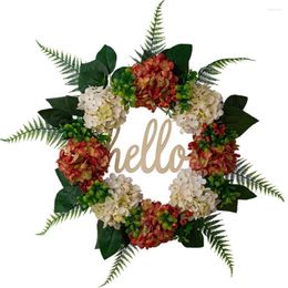 Decorative Flowers Summer Artificial Hydrangea Wreath Vibrant Orange White Floral Decor For Front Door Or Wall Hanging