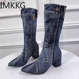 Boots Women's chunky Denim mid calf boots block high heels winter fashion cowboy western boots thick high heels Z230809