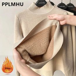 Women's Sweaters Half Turtleneck Sweater Slim Thicken Plus Velvet Woman Sueter Winter Knit Pullovers Casual Plush Fleece Lined Warm Knitwear Tops 230804