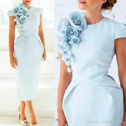 Elegant Sky Blue Short Sleeves Sheath Mother of the Bride Dresses with Floral Flowers Tea Length Formal Plus Size Cocktail Dresses301h