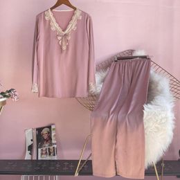 Women's Sleepwear Lace V-neck Pajamas Set Female 2pcs Shirt&pant Sleep Sets Spring Homewear Satin Pyjamas Casual Shirt&pants Lounge Wear