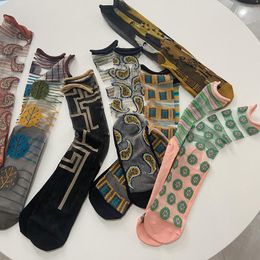 Men's Socks 1Pair Men And Women Sexy Ultra-thin Harajuku Transparent Crystal Silk Floral Sweet Cute Japanese Summer Sock Mid-tub