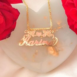 Pendant Necklaces 18K Gold Plated Yellow Cursive Butterflies Heart Custom Nameplate Pendant Necklace Stainless Steel Jewelry Gift For Women 230804