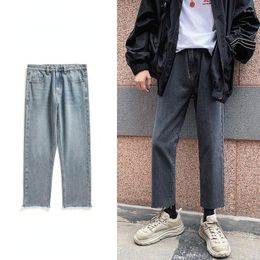 Men's Jeans Korean Fashion Elastic Waist Baggy 2023 Autumn Straight-leg Denim Ankle-length Pants Male Trousers H87