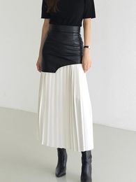 Skirts Casual Patchwork PU Leather Skirt For Women High Waist Midi Folds Pleated Female 2023 Spring Fashion Clothing Style