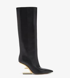 Kış lüks ilk kadın uzun boylu botlar siyah beyaz deri f şekilli heykel topuklu ayakkabı bayan patikleri diz üstü boot eu35-43 orijinal kutu