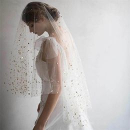 2 Layers Cut Edge Wedding Veil for Bridal Gold Star Beads Sparkle Wedding Accessories velos de novia257g