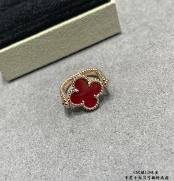 Vintage Cluster Rings Van Brand Designer Copper with 18k Gold Plated Red Four Leaf Clover Charm Ring for Women Box Party Gift