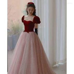 Ethnic Clothing Toast Dress Women Elegant Burgundy Velour Long A-line Tulle Wedding Bride Banquet Square Neck Night