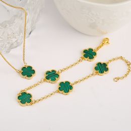 Wedding Jewellery Sets 2 Piece Set Luxury 10color Gem Shell Fourleaf Clover Bracelet Lucky Necklace Electroplated 14K Gold Anniversary Gift 230804