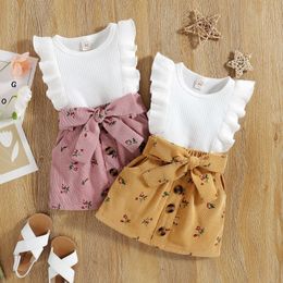 Clothing Sets Infant Baby Girls 2PCS Skirt Set Sleeveless Ruffle Tops Shirt Floral Waist Belt Short Skirt Toddler Summer Outfits