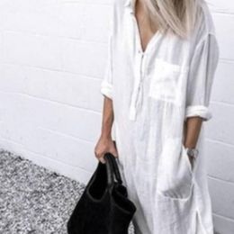 Casual Dresses Blouse White 2023 Autumn Elegant Loose Fashion Solid Button Pocket Split Turn Down Collar Long Sleeve Women Dress