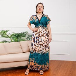 Plus Size Dresses Casual High Quality Leopard Gradient Printed Double Deep V-neck Ice Silk Full-length Beach Floor-length Dress