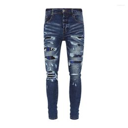 Men's Jeans Design Ripped Dark Blue Streetwear Fashion Slim Patchwork Denim Pants Gradient Grid Patch For Men