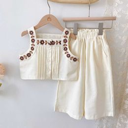 Clothing Sets Baby Girls Summer Clothing Set Flowers Embroidery Vest Shirts+pants Kids Children Elegant Birthday 2pcs Suits Clothes Sets