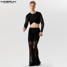 Mens Tracksuits Fashion Men Sets Lace Transparent Streetwear Oneck Long Sleeve Crop Tops Pants 2PCS Sexy Party Suits S5XL INCERUN 230804