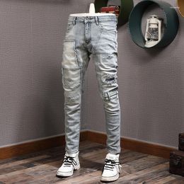 Men's Jeans Fashion Streetwear Men Retro Light Gray Blue Stretch Slim Fit Vintage Ripped Patch Designer Hip Hop Pants Hombre