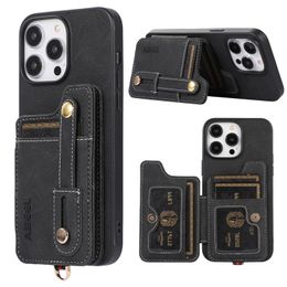 Luxury Wristband Solid Leather Vogue Phone Case for iPhone 15 14 Pro Max Samsung Galaxy S23 Ultra S22 Plus S21 S21FE A53 A54 5G Slim Multiple Card Slots Wallet Back Cover