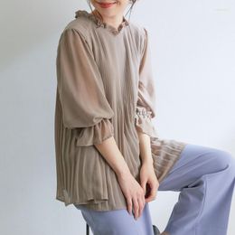 Women's Blouses LYEEYNNR Vintage Blouse Women Solid Colour Folds Loose All-match Shirts Female Japan Style Simple Summer In Blusas Mujer