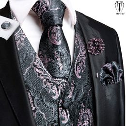 Men's Vests Hi-Tie High Quality Silk Mens Vests Pink Grey Floral Waistcoat Tie Hanky Cufflinks Brooch Set for Men Suit Wedding Office Gift 230804