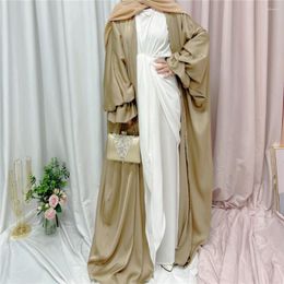 Ethnic Clothing Summer Open Cardigan Satin Shiny Elegant Women Muslim Abayas Dress Kimono Dubai Islam Turkey Arab Ramadan Jalabiya Robe