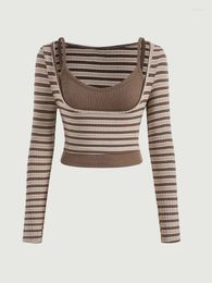 Women's T Shirts Women Striped Print Crop Top & Cami Tee Ribbed Knit Slim Long Sleeve Tops Elastic Stretch Stitching Y2K Casual