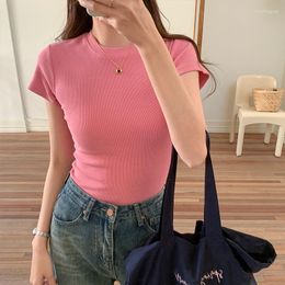 Women's T Shirts Summer Slim Fit Women T-shirt Korean Style O-Neck Solid Colour Simple Office Ladies Elegance Skinny Pullover Casual Fashion