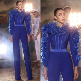 Elegant Royal Blue Jumpsuits Aftonklänningar Ruffles Långa ärmar Formell parti Prom Dress Jumpsuit för Special OCN