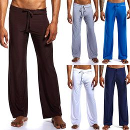 Men's Pants Men Elastic Ice Silk Drawstring Long Yoga Trousers Low-waist Solid Color Home Pajama Loose Casual Sleep Bottoms