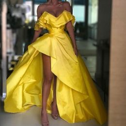 Satin Yellow High Low Prom Dresses V Neck Pick Ups Ruffles Party Gown Front Short Back Long A Line Womens Special Occasion Dress