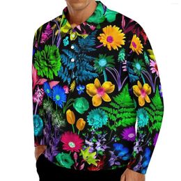 Men's Polos Colourful Floral Print Casual T-Shirts Glowing Garden Polo Shirt Men Fashion Autumn Long Sleeve Design Clothing Large Size