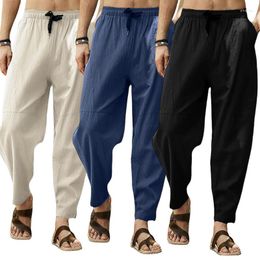 Men's Pants Summer Cotton And Linen Drawstring Casual Beachwear Elastic Waist Calf Folding Jogging Yoga
