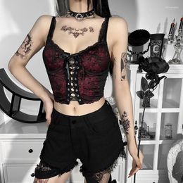 Women's Tanks Black & Red Floral Lace Front Up Spaghetti Straps Short Crop Top Lingerie Sexy Underwear Women Tank Gothic Clothing