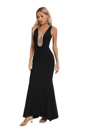 Sexy sleeveless deep V-neck mesh set diamond fishtail dress European and American women's bandage long skirt