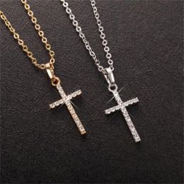 Female Cross Pendants dropshipping Gold Black Colour Crystal Jesus Cross Pendant Necklace Jewellery For Men/Women GC2233