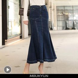 Skirts MOUKYUN Womens Fashion Denim Skirt Spring Autumn Single Breasted Slim Fishtail High Waist Stretch With Ruffles Buttocks