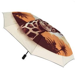 Umbrellas Giraffe 8 Ribs Auto Umbrella Sunset Animals With Sunglasses Wind Resistant Black Coat Ligthweight For Female