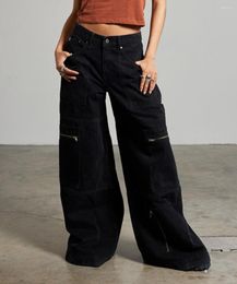 Women's Jeans Street Trend Vintage French Wash Black Zipper Multi Pocket High Waist Loose Wide Leg Pants For Women Spring/Summer