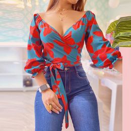 Women's Blouses Red Floral Print Stain Shirt Spring Summer Fashion Blouse 2023 Long Sleeve V-neck Elegant For Female Casual