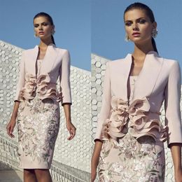 Carla Ruiz Chic Mother Of Bride Suits Dresses With Jacket Appliqued Knee Length Wedding Guest Dress for Mother 3 4 Long Sleeve Gow201E