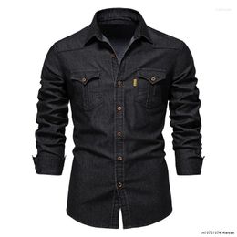 Men's Casual Shirts High Quality Elastic Cotton Denim Shirt Men Long Sleeve Solid Color Pocket For Slim Fit Mens Designer Clothing