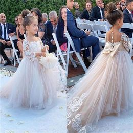 Flower Girl Dresses Weddings Blush Pink Princess Tutu Sequined Appliqued Lace Bow Kids Princess Kids Party Birthday Gowns211i