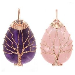 Pendant Necklaces 100-Unique 1 Pcs Rose Gold Color Wire Wrap Tree Of Life Chakra Reiki Water Drop Crystal Quartz Stone Women Jewelry