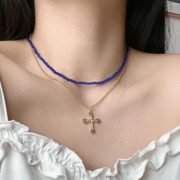 Pendant Necklaces Blue Natural Stone Cross Double Layer Necklace